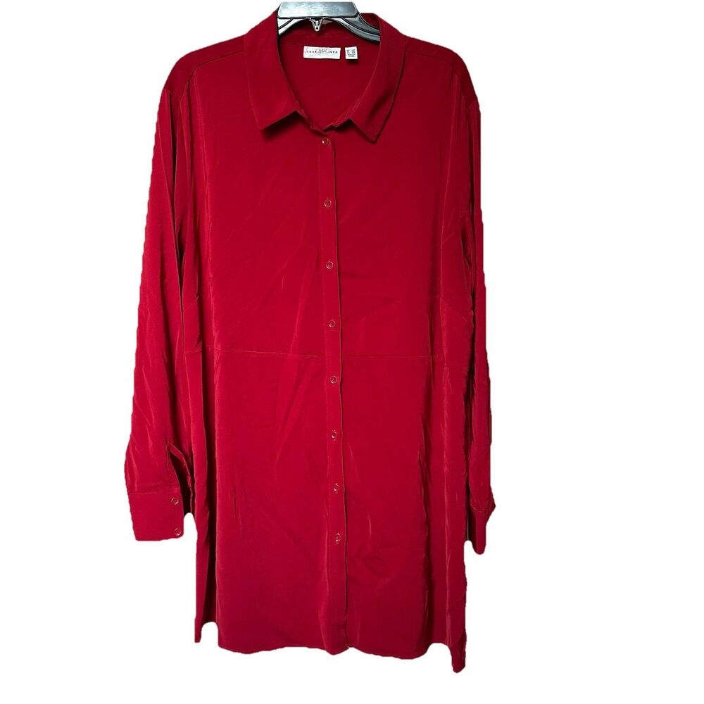 Susan Graver Top Womens 2X Red Button Up Long Sleeve Long Line Career Holiday